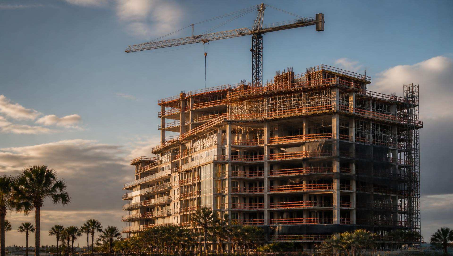 Mid-rise commercial building under construction at golden hour in South Florida with a tower crane overhead